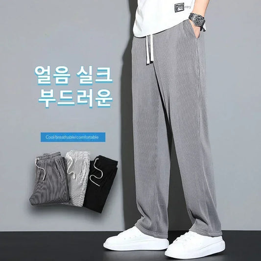 Summer Loose Ice Silk Pants Men's Drape 100KG Size Long Pants Fat Casual Sports Pants Wide Leg Straight Pants Tide Brand