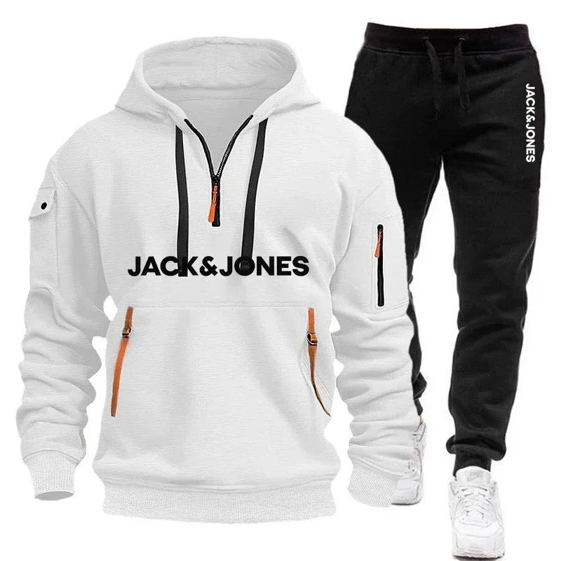 Two sets of men's sportswear for autumn/Winter 2025, including a sweatshirt and two sets of fitness jogging pants with wool caps