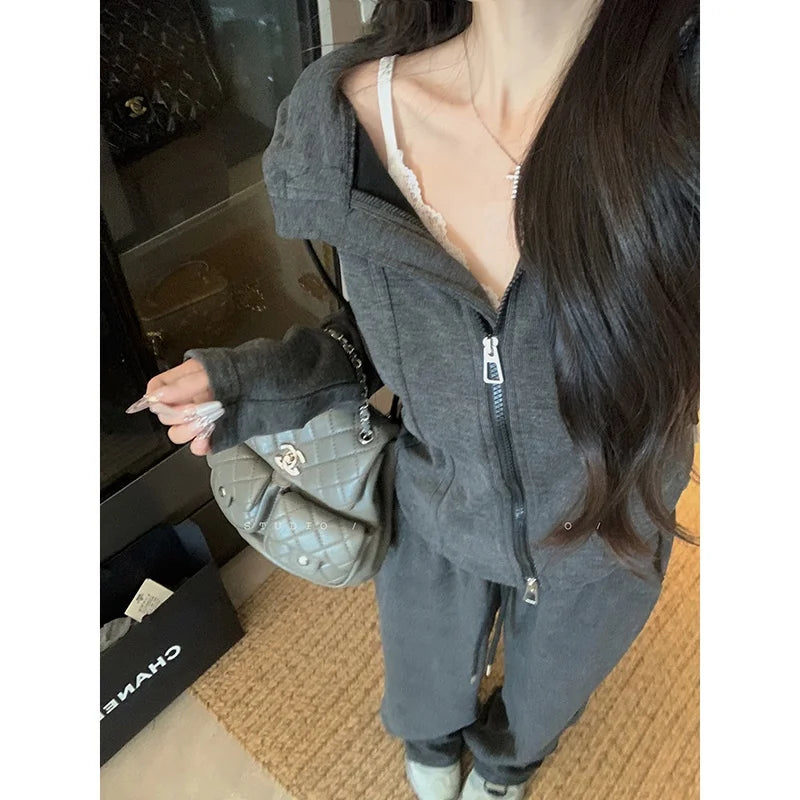Faionable Lazy Sle Women's Outfit Long Sve Hoodie Wide Leg Casual Pants Two Piece Set Autumn Commute Windbreaker