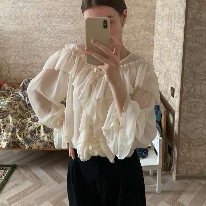 V-neck Sexy Shirts Women Summer See Through Boho Mesh Blouse Ruffle Flare Sleeve Elegant Peplum Tops Ruffles Ladies Blusas 13459