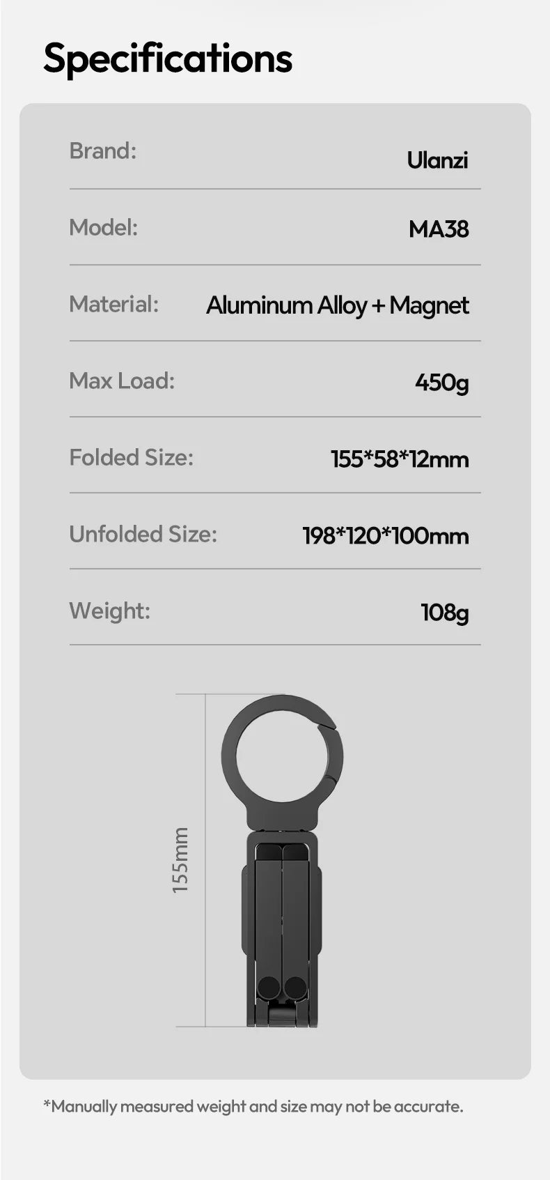 Ulanzi MA38 MagLock Phone Stand Magnetic Phone Stand for iPhone 16 15 14 13 with Hidden Hook for Slopes Walls