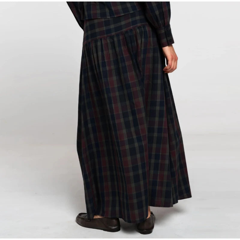 Women Chic Lace Up Checkered Skirt Suit Elegant V-neck Long Lantern Sleeve Top Long Skirts Set 2026 Spring Lady Commute outfits