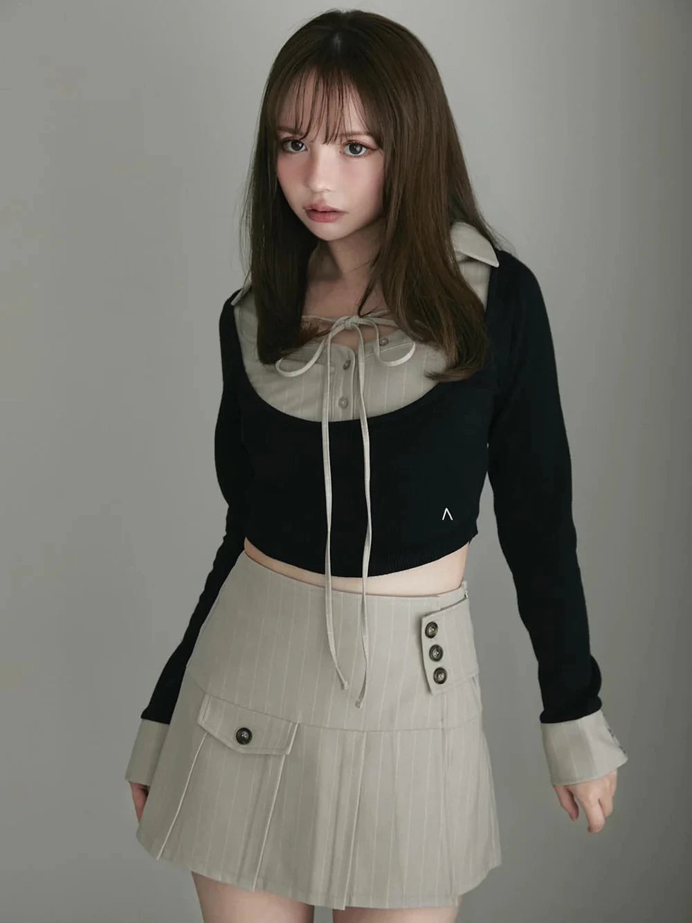 Japanese Sle Autumn Winter Striped f Skirt ort Skirt Set with Tie Long Sve Turn-down Collar Top Women's Hanfu