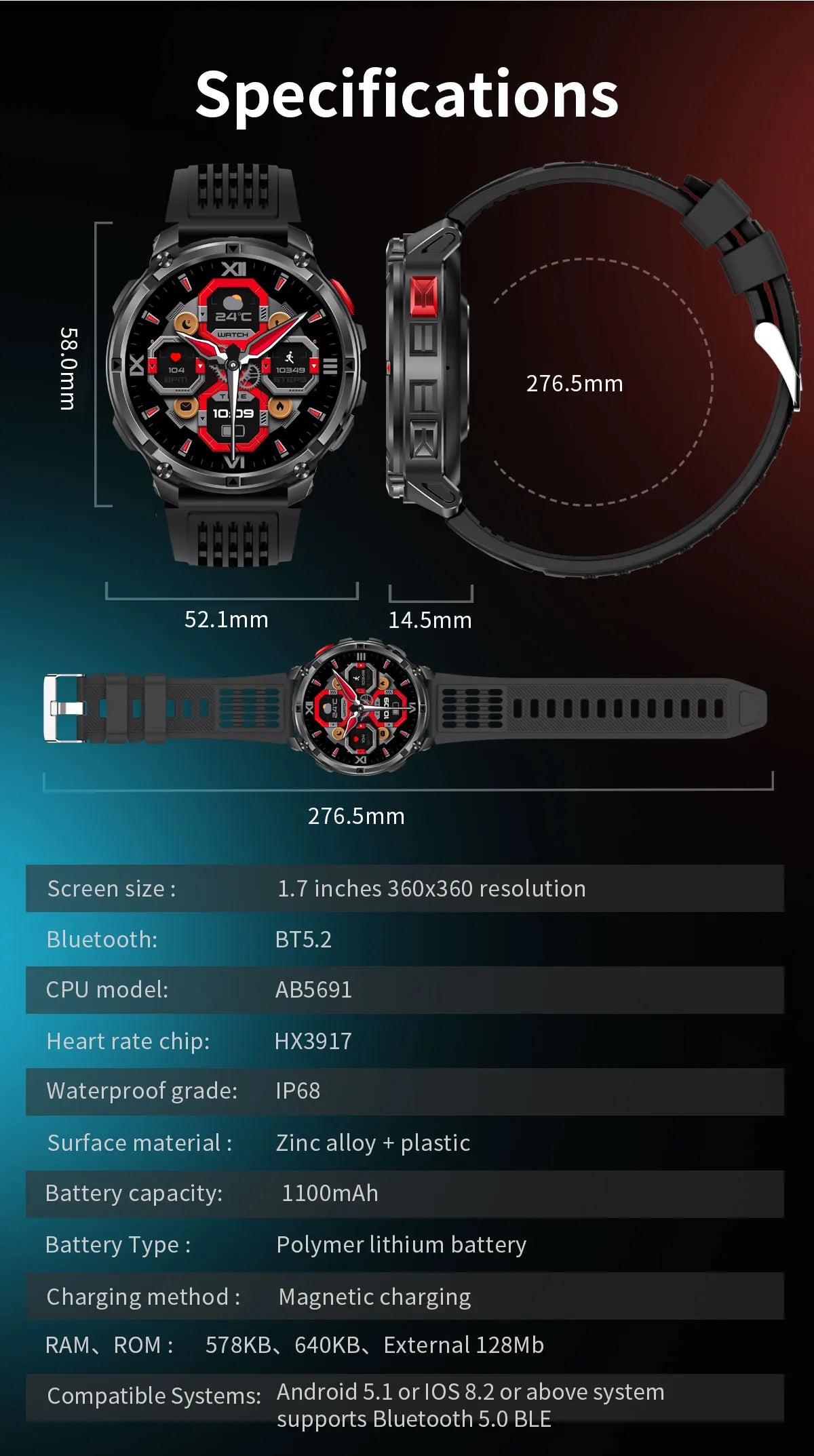 New T-Rex3 1100mAh Large Battery Durable Adult Smart Watch 1.7-inch GPS trackr Compass 5ATM Waterproof BT Call Sports Smartwatch