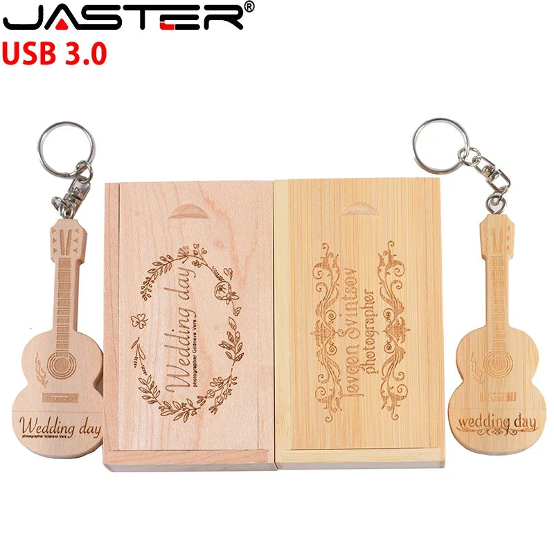 JASTER USB 3.0 Flash Drives Wooden Guitar 128GB Free Custom Logo Pen Drive 64GB with Box Memory Stick Music Business Gift U disk