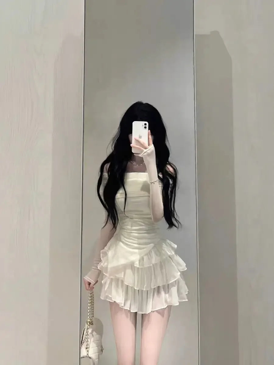Elegant High-End Feel Summer Fashion 2-Piece Set For Women Off-Shoulder Slimming Top With Cake Skirt Versatile Stylish Dressing