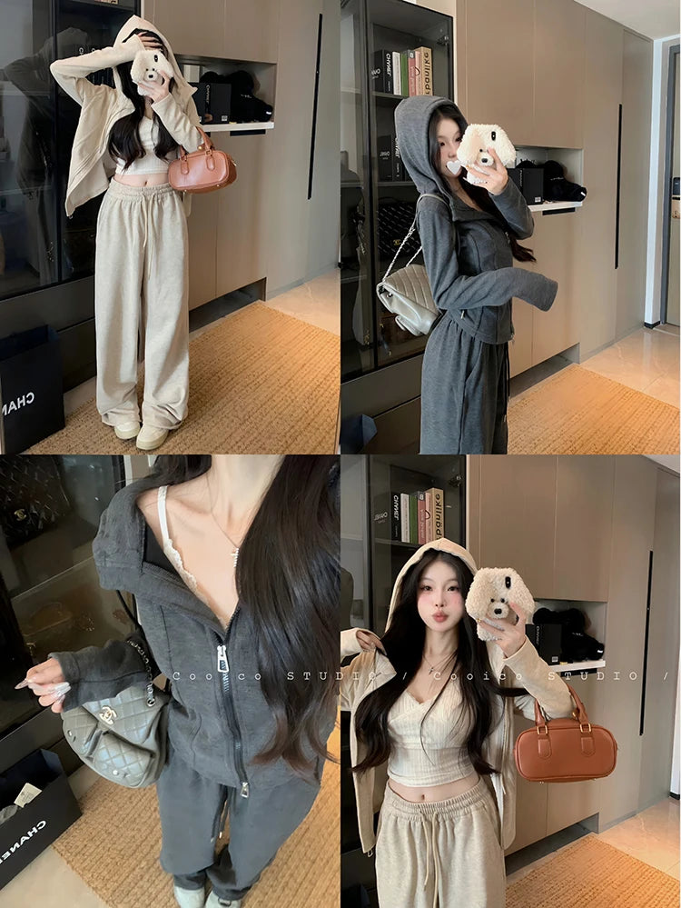 Faionable Lazy Sle Women's Outfit Long Sve Hoodie Wide Leg Casual Pants Two Piece Set Autumn Commute Windbreaker