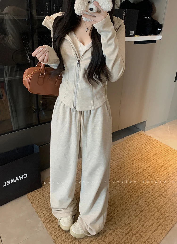 Faionable Lazy Sle Women's Outfit Long Sve Hoodie Wide Leg Casual Pants Two Piece Set Autumn Commute Windbreaker