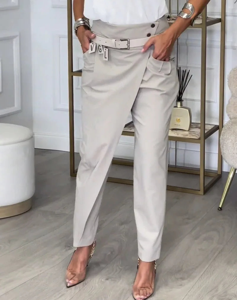 New Autumn Asymmetric High Waisted Pants For Women Fashion Chic Belt Straight Pants Casual Street Trousers Ladies Solid Bottoms
