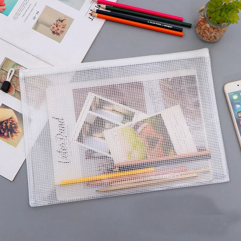 PVC Stationery Storage Bag Folder File Mesh Zipper Pouch A4 A5 A6 A3 Document Bag File Folders School Office Supplies Organizer