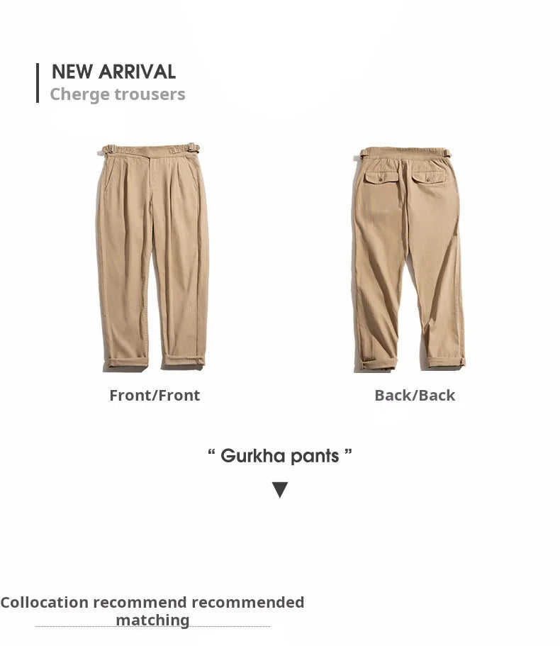 Maden Vintage Adjustable High Waist Gurkha Pants Khaki Casual Cargo Work Pants Classic Straight Trousers for Men's Spring Fall