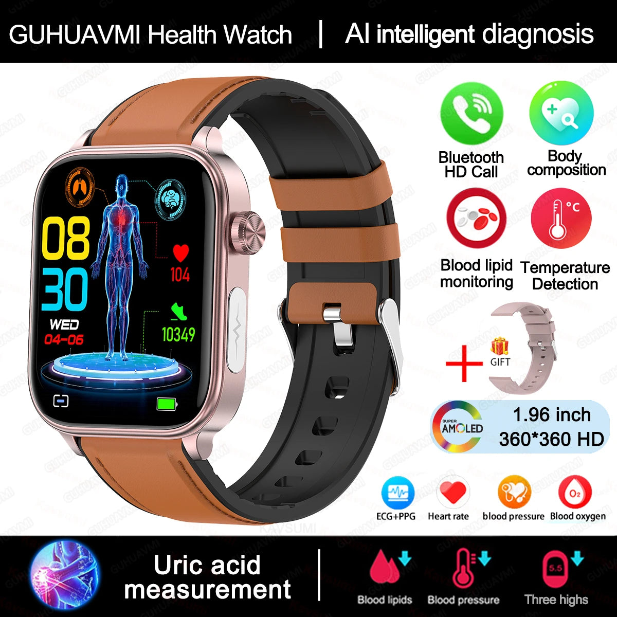 2025 New AI Diagnosis Blood Lipids Uric Acid Body composition Test Smart Watch For Men ECG+PPG Bluetooth Call Health Smartwatch