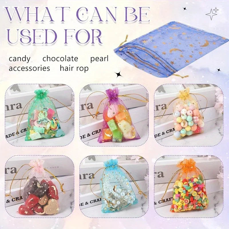 100PCS Moon Stars Drawstring Organza Bags Jewelry Gift Bags Pouches Gold Star Organza Pouches for Christmas Wedding Gift Bags