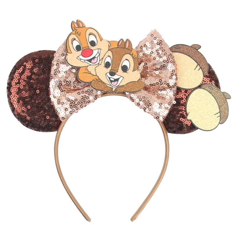 2025 Mickey Mouse Ear Headband Chip and Dale Bow Sequin Hairband Women Hair Hoop Birthday Gift Adult/Child Cosplay Accessories
