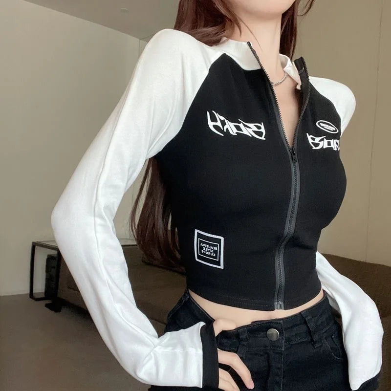 Y2K Vintage T-shirt Women Spring Long Sleeve O Neck Crop Top Korean Fashion Vintage High Street Zip Up Tees Streetwear DF4937