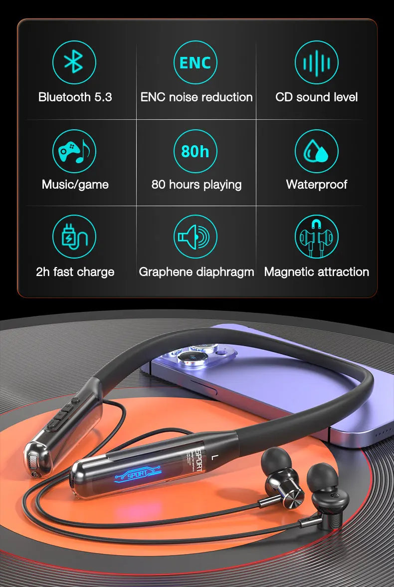 EARDECO 80 Hours Endurance Bluetooth Headphone with Microphone Wireless Headphones Bass Stereo Neckband Earphones Bluetooth 5.3