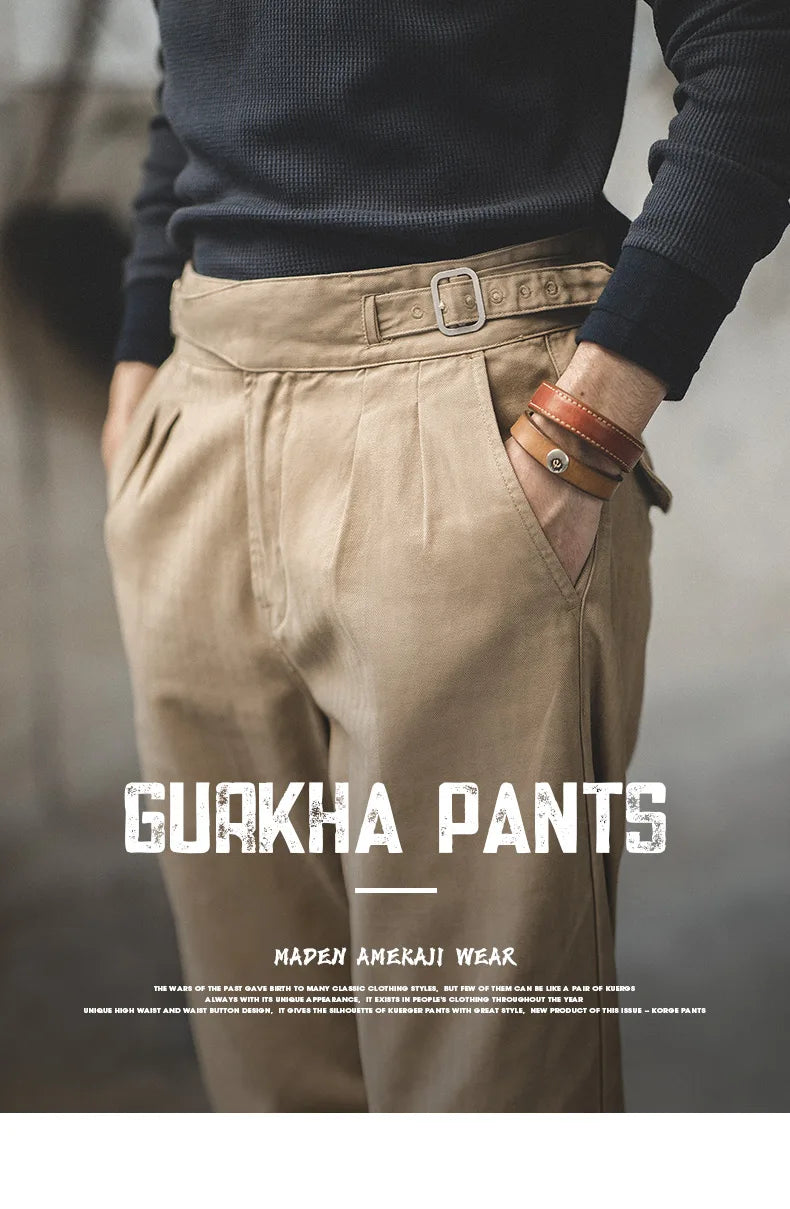 Maden Vintage Adjustable High Waist Gurkha Pants Khaki Casual Cargo Work Pants Classic Straight Trousers for Men's Spring Fall