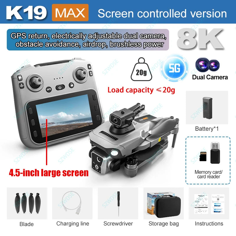 New K19 MAX GPS Drone Professional 8K Camera Aerial FPV Brush Avoiding Obstacle with Large Screen Remote Control Folding Drone