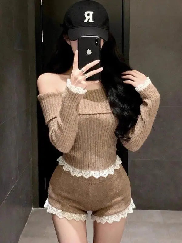 Autumn Winter Lace Splice One oulder Knitted Top High Waist ort Pants Two Piece Set Sexy Sle Casual Wear for Women