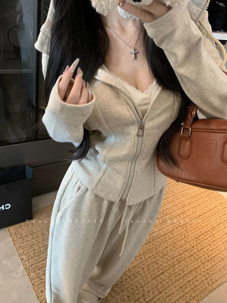 Faionable Lazy Sle Women's Outfit Long Sve Hoodie Wide Leg Casual Pants Two Piece Set Autumn Commute Windbreaker