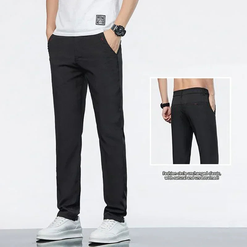 Men Ice Silk Thin Classic Casual Pants Male Slim Fit Straight Leg Daily Business Trousers Fashion Elastic Waist Black Gray Pants