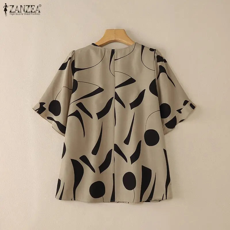 2026 ZANZEA Summer Blouse Women Casual V Neck Short Sleeve Printed Tops Female Loose Chemise Tunic Elegant Work Shirt Oversize