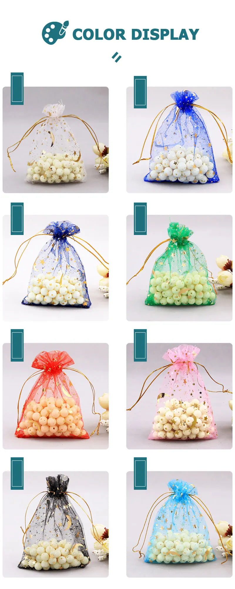 100PCS Moon Stars Drawstring Organza Bags Jewelry Gift Bags Pouches Gold Star Organza Pouches for Christmas Wedding Gift Bags