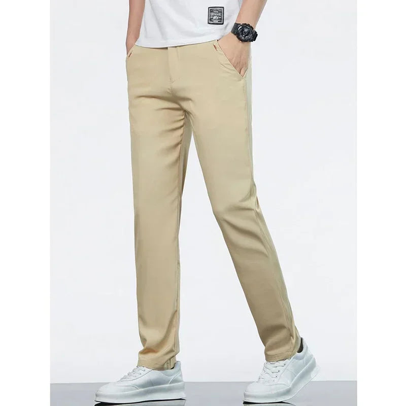 Men Ice Silk Thin Classic Casual Pants Male Slim Fit Straight Leg Daily Business Trousers Fashion Elastic Waist Black Gray Pants