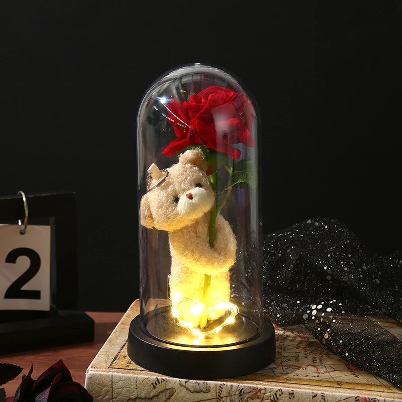 Artificial Rose Flowers Eternal Rose LED Light Foil Flower in Glass Cover Simulation Rose Flower Christmas Valentine's Day Gifts