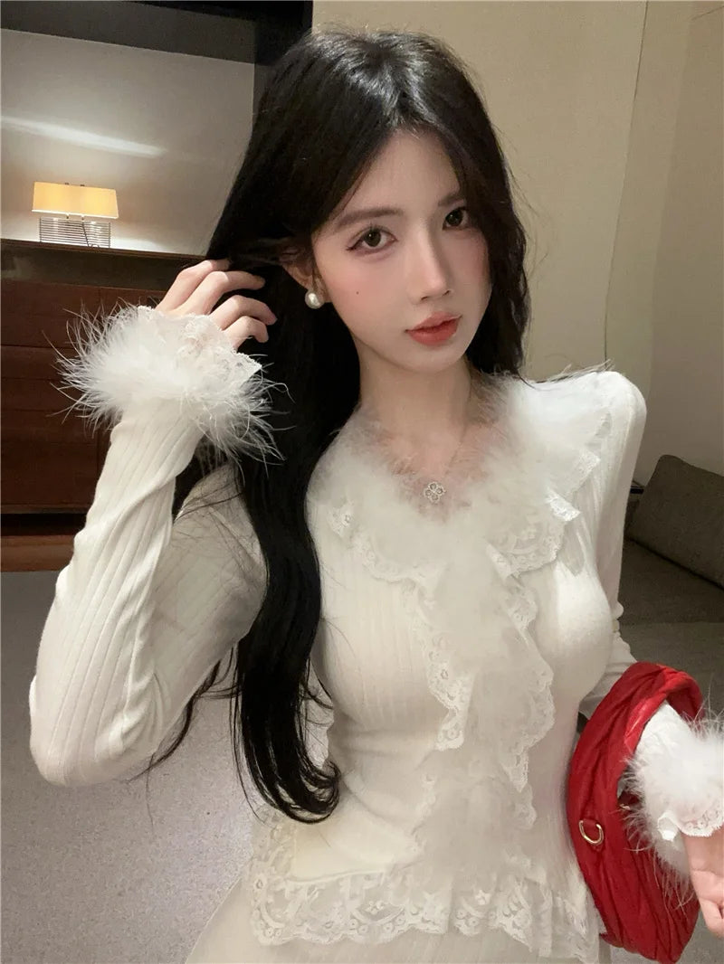 Autumn Winter Lace Splice Knitted Sve High Waist Slim Fit Bodycon Skirt Set V-Ne Soft Pure Desire Long Sve T-irt