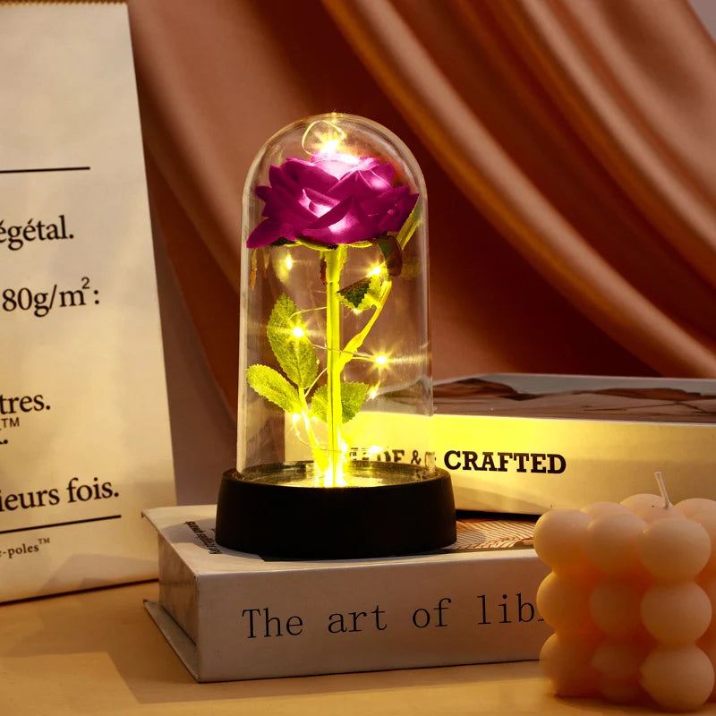 Artificial Rose Flowers Eternal Rose LED Light Foil Flower in Glass Cover Simulation Rose Flower Christmas Valentine's Day Gifts