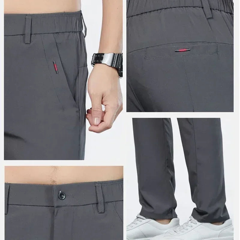 Men Ice Silk Thin Classic Casual Pants Male Slim Fit Straight Leg Daily Business Trousers Fashion Elastic Waist Black Gray Pants