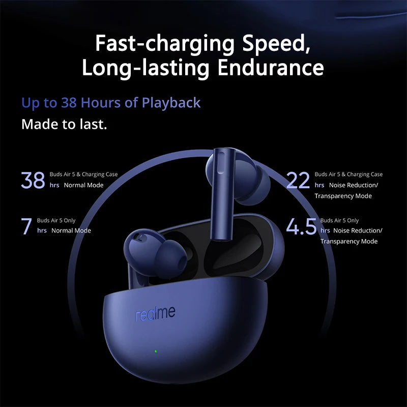 Global Version realme Buds Air 5 TWS Earphone 50dB Active Noise Cancellation Wireless Headphone 38Hour Battery Life Bluetooth5.3