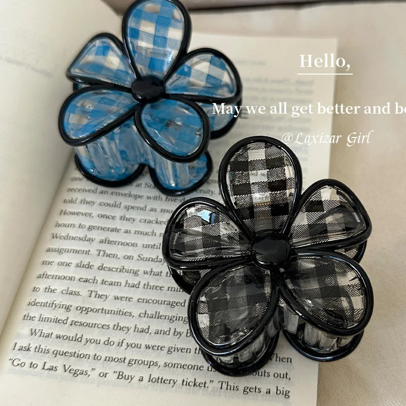 2Pcs Vitnage Blue Black Checkered Gripper Plaid Flower Hair Claw Clip Elegant Hairpin Versatile Daily High-End Hair Accessories