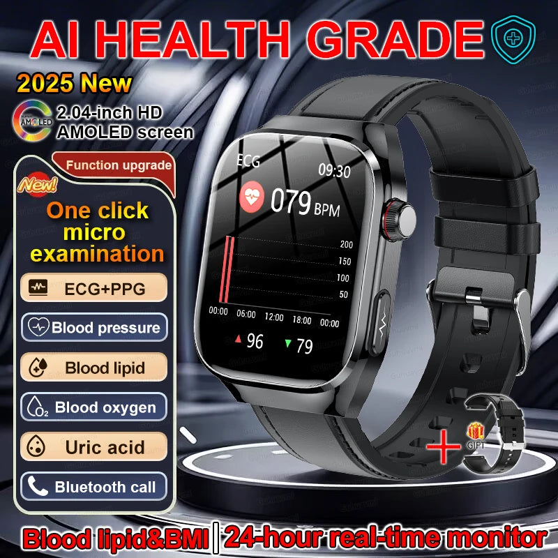 2025 New ECG+PPG Clock Smartwatch Men Uric Acid Blood Pressure Blood Oxygen Body Analysis Heart Health Monitor Smart Watch lady