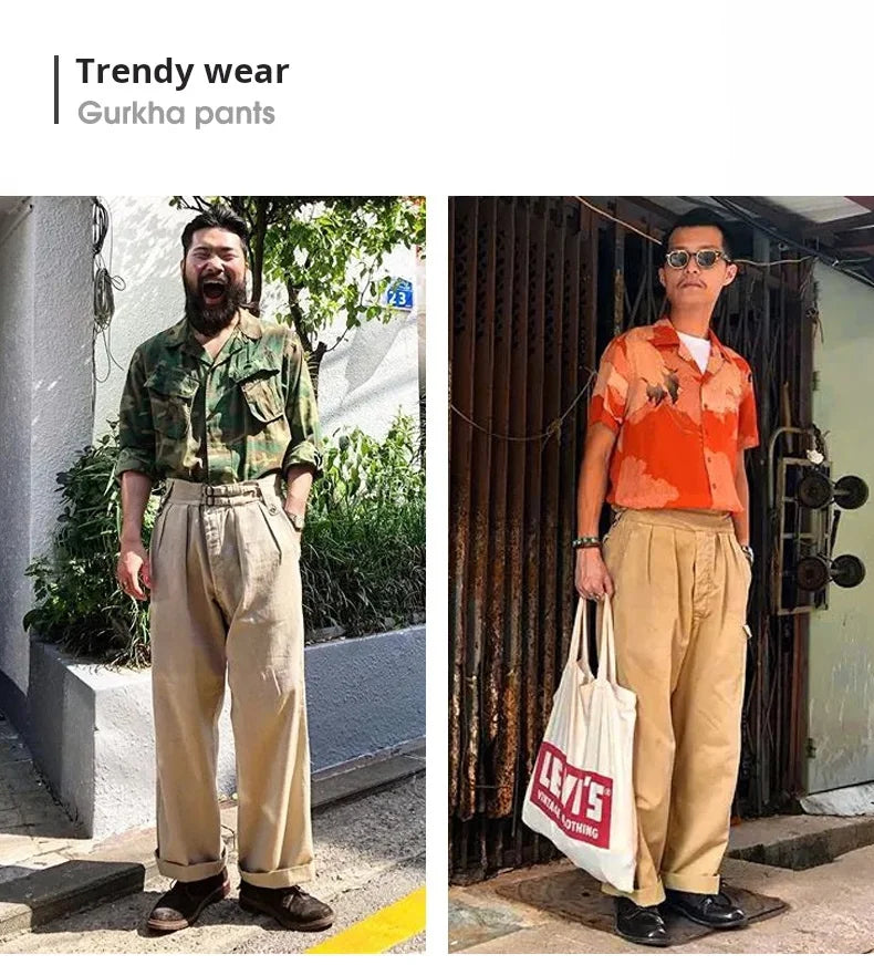 Maden Vintage Adjustable High Waist Gurkha Pants Khaki Casual Cargo Work Pants Classic Straight Trousers for Men's Spring Fall