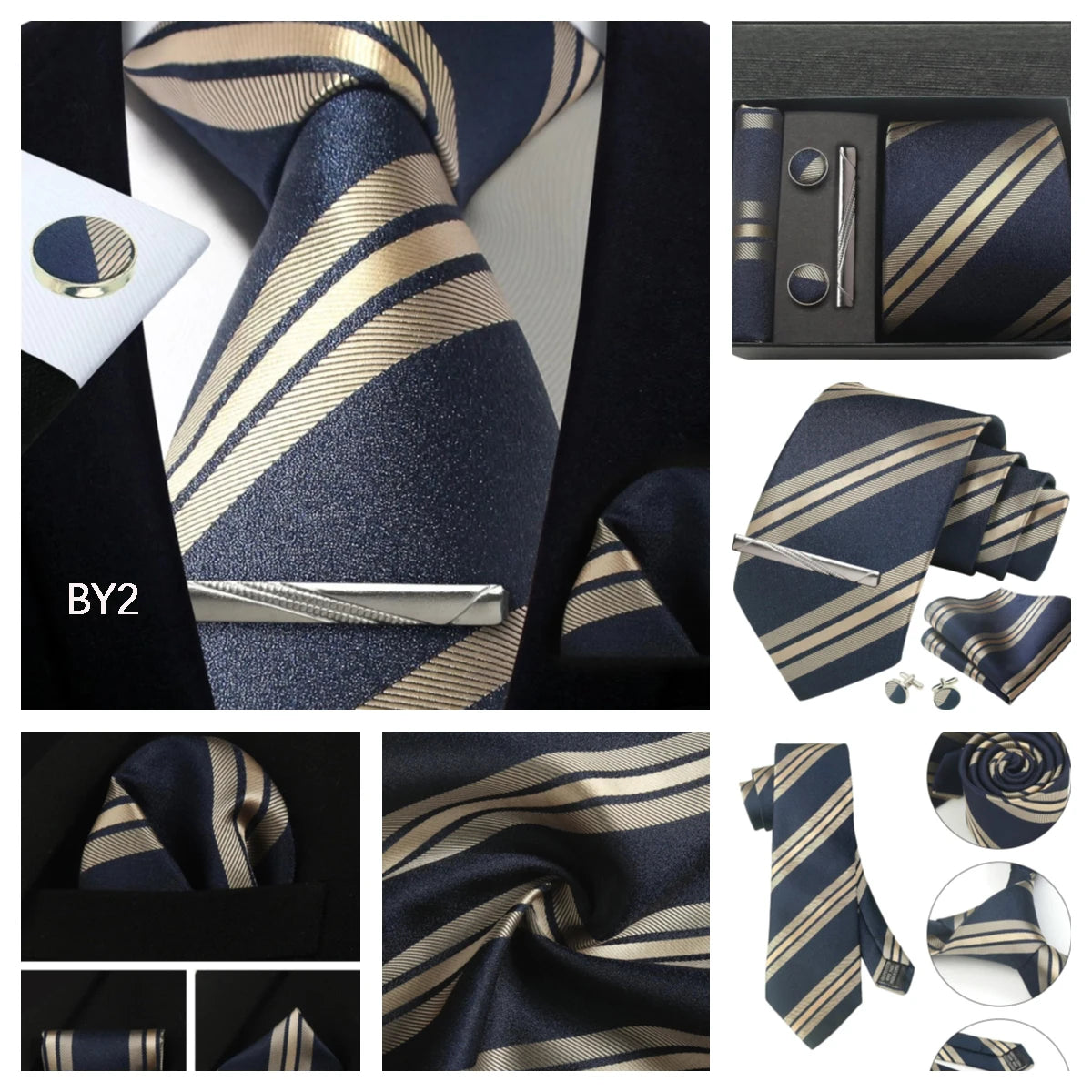 Classic 100% Silk Men's Ties In Gift box 8cm Plaid Dot Striped Business Necktie Handkerchief Cufflinks Wedding Party Tie Set