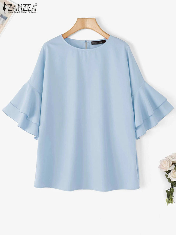 ZANZEA 2025 Fashion Summer Blouse Women Flare Sleeve Casual Tops Loose Ruffled Shirts Solid Color Elegant OL Blusas Femininas