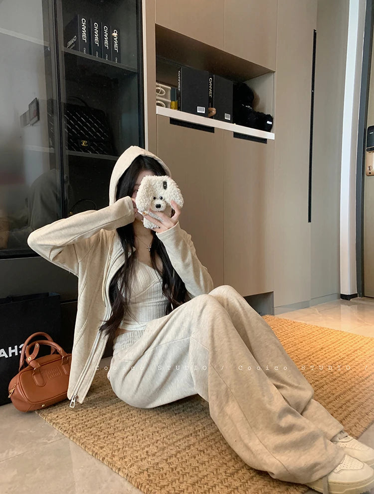 Faionable Lazy Sle Women's Outfit Long Sve Hoodie Wide Leg Casual Pants Two Piece Set Autumn Commute Windbreaker