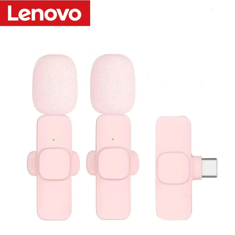 Lenovo Pink Wireless Lavalier Microphone Phone Portable Audio Video Recording Vlog Microphone for iPhone Android PC Live Gaming