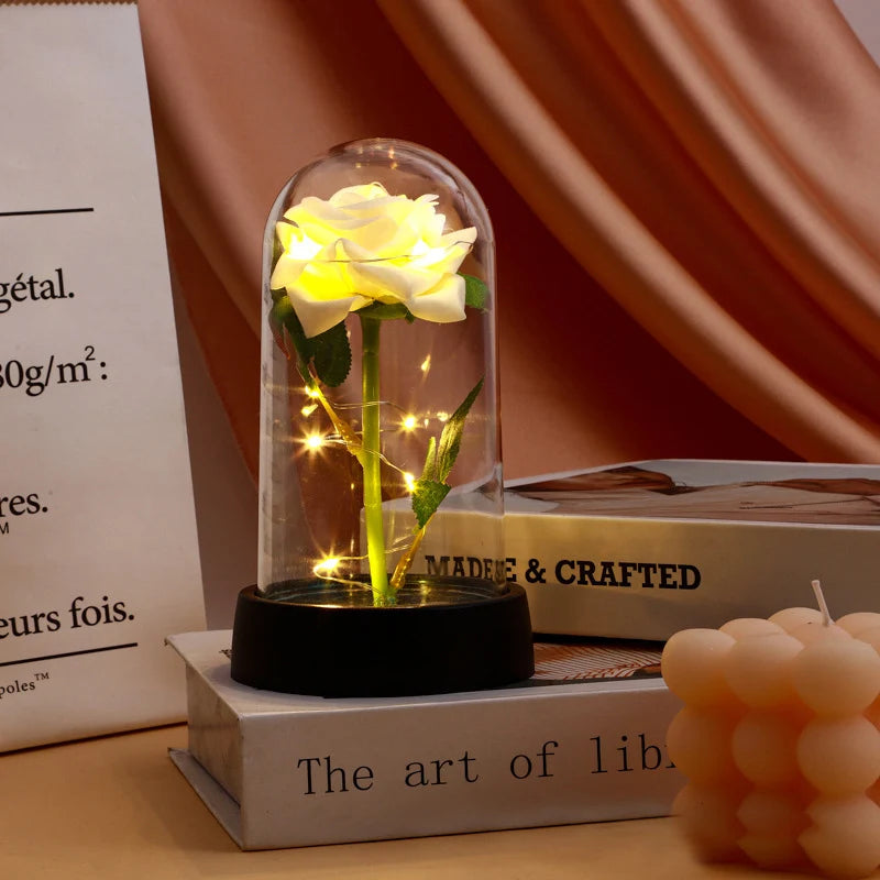 Artificial Rose Flowers Eternal Rose LED Light Foil Flower in Glass Cover Simulation Rose Flower Christmas Valentine's Day Gifts