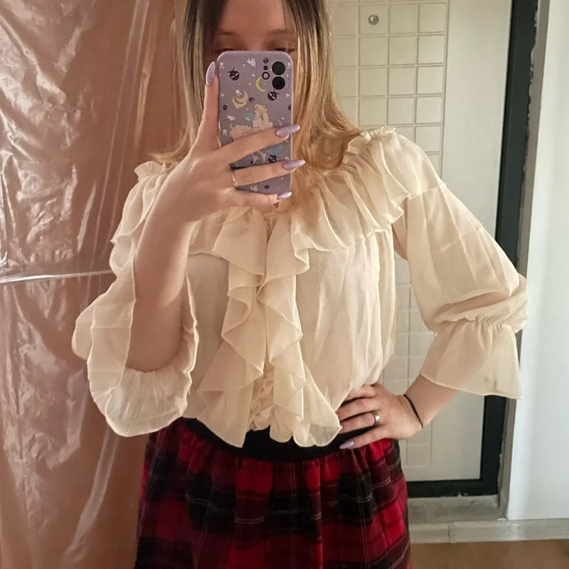 V-neck Sexy Shirts Women Summer See Through Boho Mesh Blouse Ruffle Flare Sleeve Elegant Peplum Tops Ruffles Ladies Blusas 13459