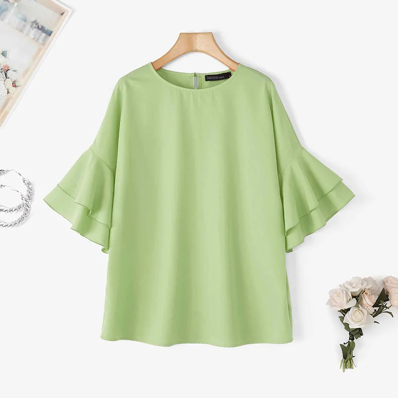 ZANZEA 2025 Fashion Summer Blouse Women Flare Sleeve Casual Tops Loose Ruffled Shirts Solid Color Elegant OL Blusas Femininas