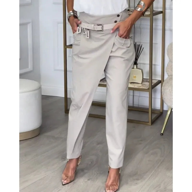 New Autumn Asymmetric High Waisted Pants For Women Fashion Chic Belt Straight Pants Casual Street Trousers Ladies Solid Bottoms