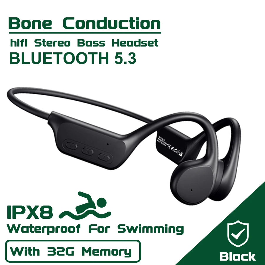 IPX8 Waterproof Swimming Diving Bone Conduction Headphone Bluetooth 5.3 Bass Wireless Headset MP3 (32G) Player fitness Earphone