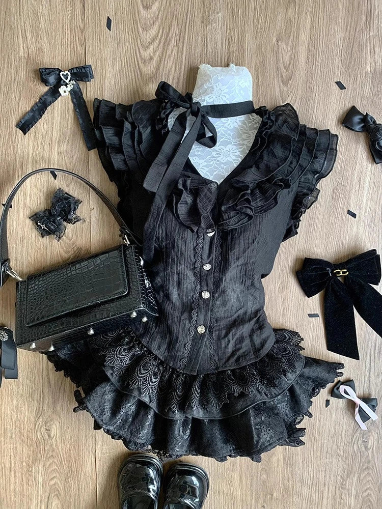 Japanese Sweet Preppy Style 2 Piece Set Women Kawaii Lace Patchwork Bow Tops + Y2k Plaid Mini Skirt Elegant Fashion Outifits New