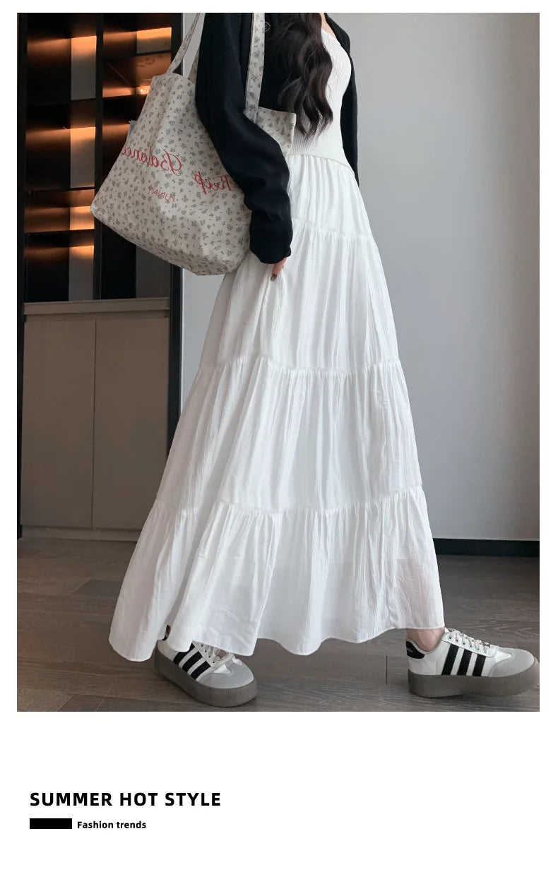 Elegant White Ruffled Long Skirts for Women High Waist A Line Maxi Skirt Woman Spring Summer Casual Loose Korean Umbrella Skirt