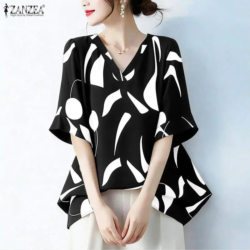 2026 ZANZEA Summer Blouse Women Casual V Neck Short Sleeve Printed Tops Female Loose Chemise Tunic Elegant Work Shirt Oversize