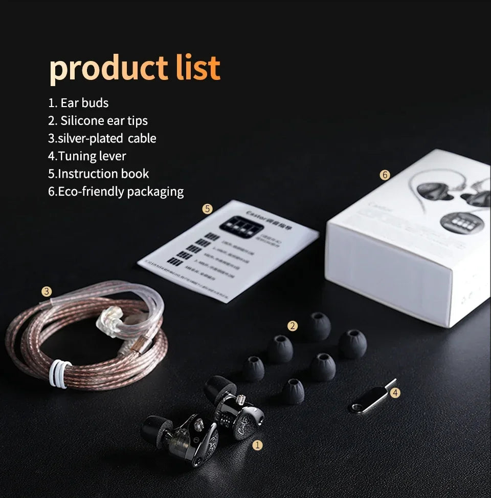 KZ Castor Wired Earbuds Improved Bass HiFi Earphone 2 Dynamic High-end Tunable Balanced Armature In-ear Headphone Music Headset