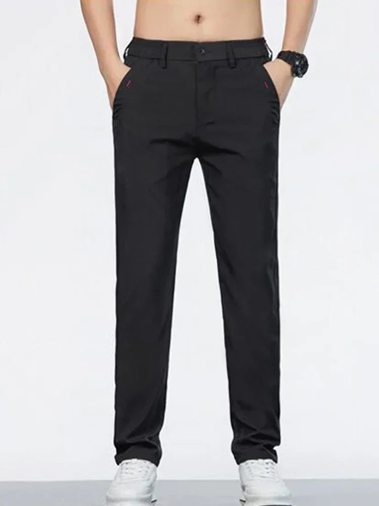 Men Ice Silk Thin Classic Casual Pants Male Slim Fit Straight Leg Daily Business Trousers Fashion Elastic Waist Black Gray Pants